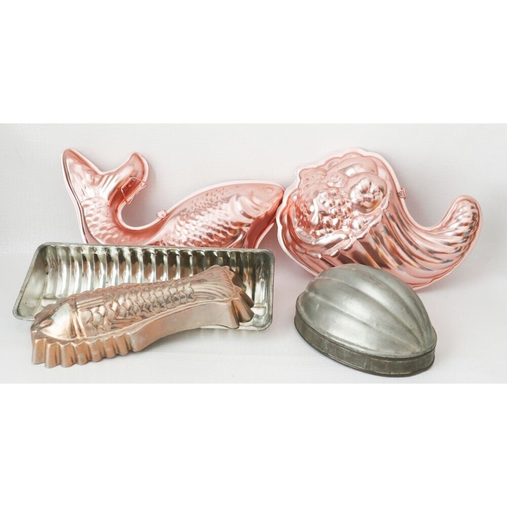 Set Of 5 Vintage Copper-Tone Aluminum Jelly Mold Fish & Cornucopia Designs Assor